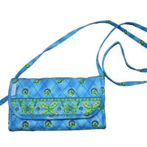 Maggi B Quilted Blue Green Butterfly Paisley Fabric Purse Wallet Crossbody RARE